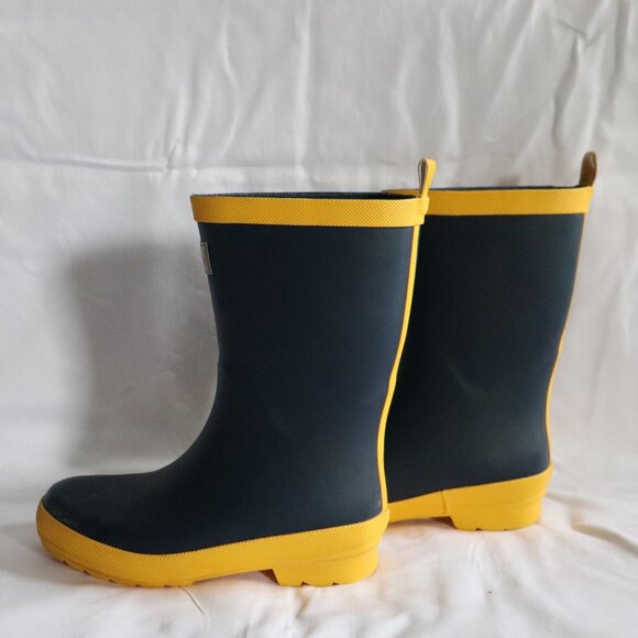 Hatley Kids Classic Slip On Sz 1 Navy Yellow Outdoor Matte Rubber Rain Boots - Picture 4 of 11